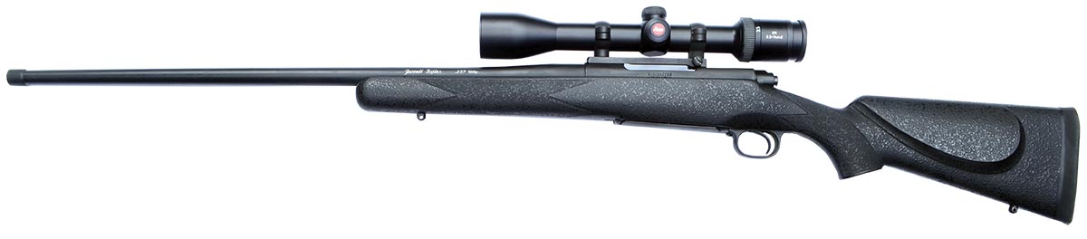 Custom Kenny Jarrett rifle, built on a “post-’93, pre-’64” Winchester Model 70 action and fitted with a Leica 3.5-14x 42mm ER riflescope.
